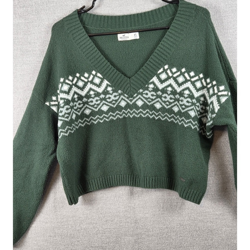 Hollister Crop Sweater XS Fair Isle Green V Neck‎ Academia Retro Y2K Preppy Soft